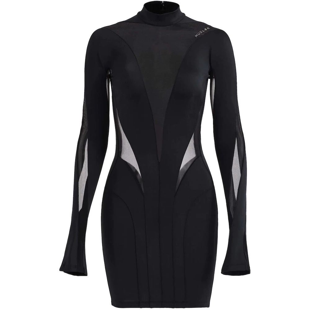 HM X Mugler Mesh Paneled Black Midi Dress - Size M